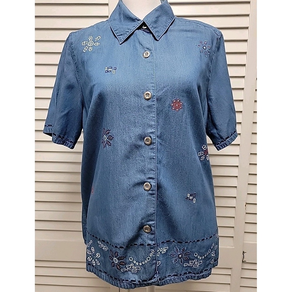 Vtg City Blues Koret SZ M Chambray Embroidered Short Sleeve Button Down Top 80's